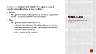 Basic Idea: Examine the workflow of a process, and
create stories for steps in that workflow
 Before
 As a grocery store cashier, I want to checkout a customer,
so that I can complete the sales transaction
 After
 As a grocery store cashier, I want to…
 …calculate the total amount that will be charged to customer
 …specify the method of payment preferred by the customer
 …enter the credit card details
 …print a receipt for the customer
Identify and disaggregate the
workflow
 
