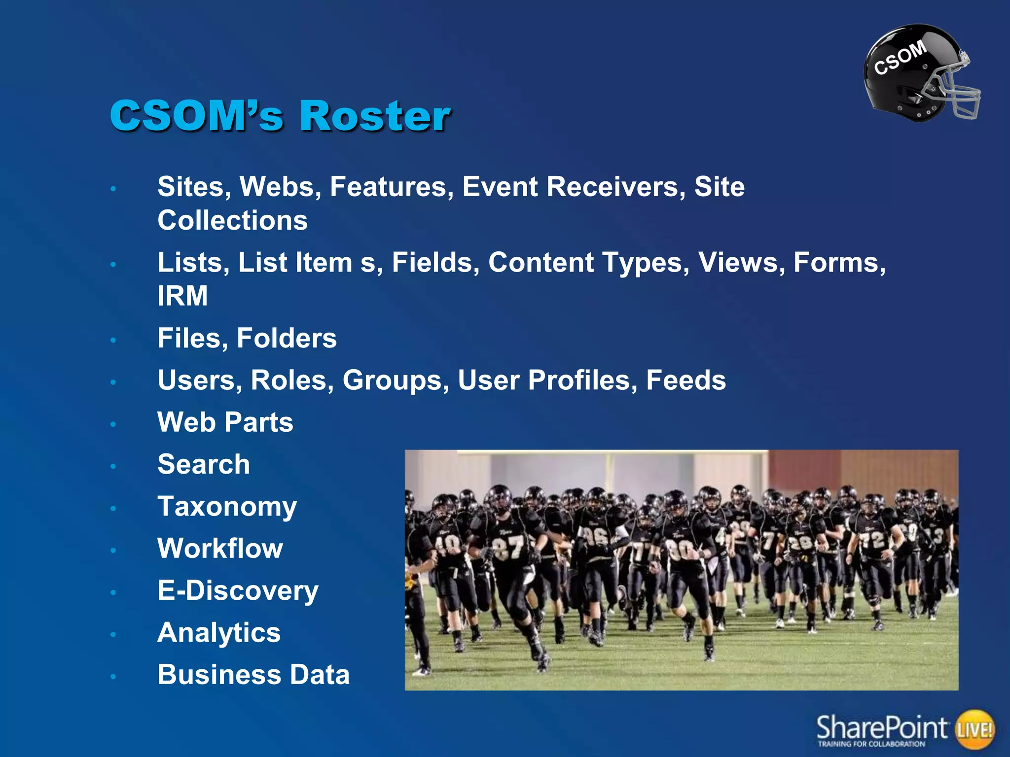 CSOM’s Roster
•
•

•
•
•
•

•
•
•
•

•

Sites, Webs, Features, Event Receivers, Site
Collections
Lists, List Item s, Fields, Content Types, Views, Forms,
IRM
Files, Folders
Users, Roles, Groups, User Profiles, Feeds
Web Parts
Search
Taxonomy
Workflow
E-Discovery
Analytics
Business Data

 