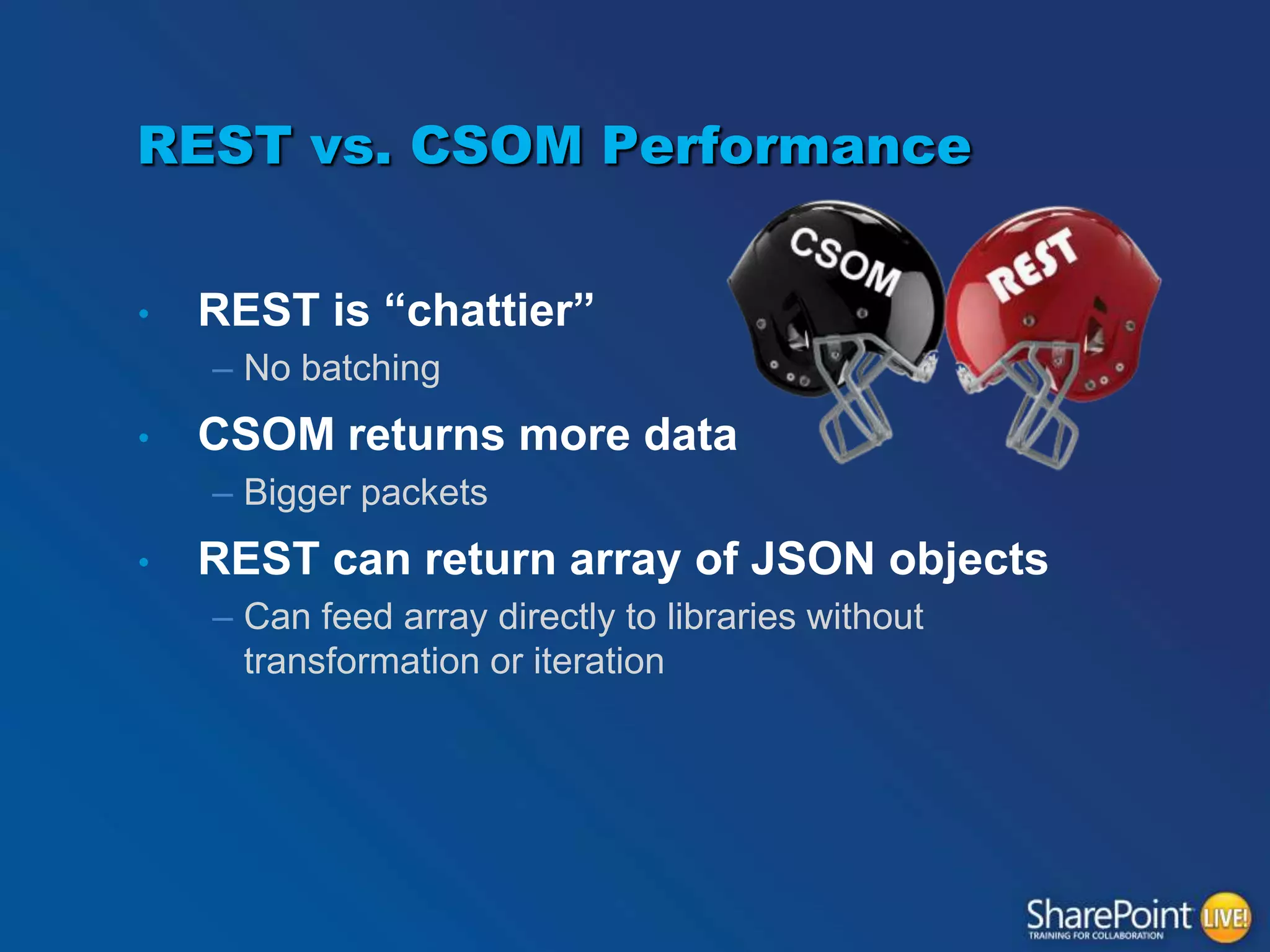 REST vs. CSOM Performance
•

REST is “chattier”
– No batching

•

CSOM returns more data
– Bigger packets

•

REST can return array of JSON objects
– Can feed array directly to libraries without
transformation or iteration

 