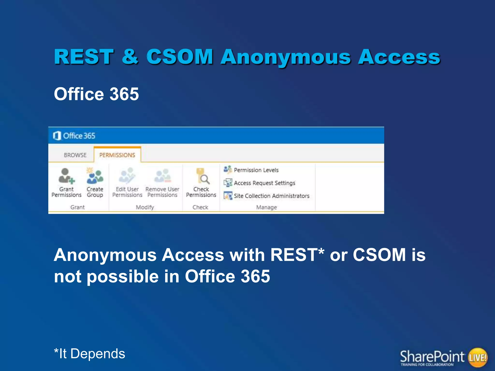 REST & CSOM Anonymous Access
Office 365

Anonymous Access with REST* or CSOM is
not possible in Office 365

*It Depends

 
