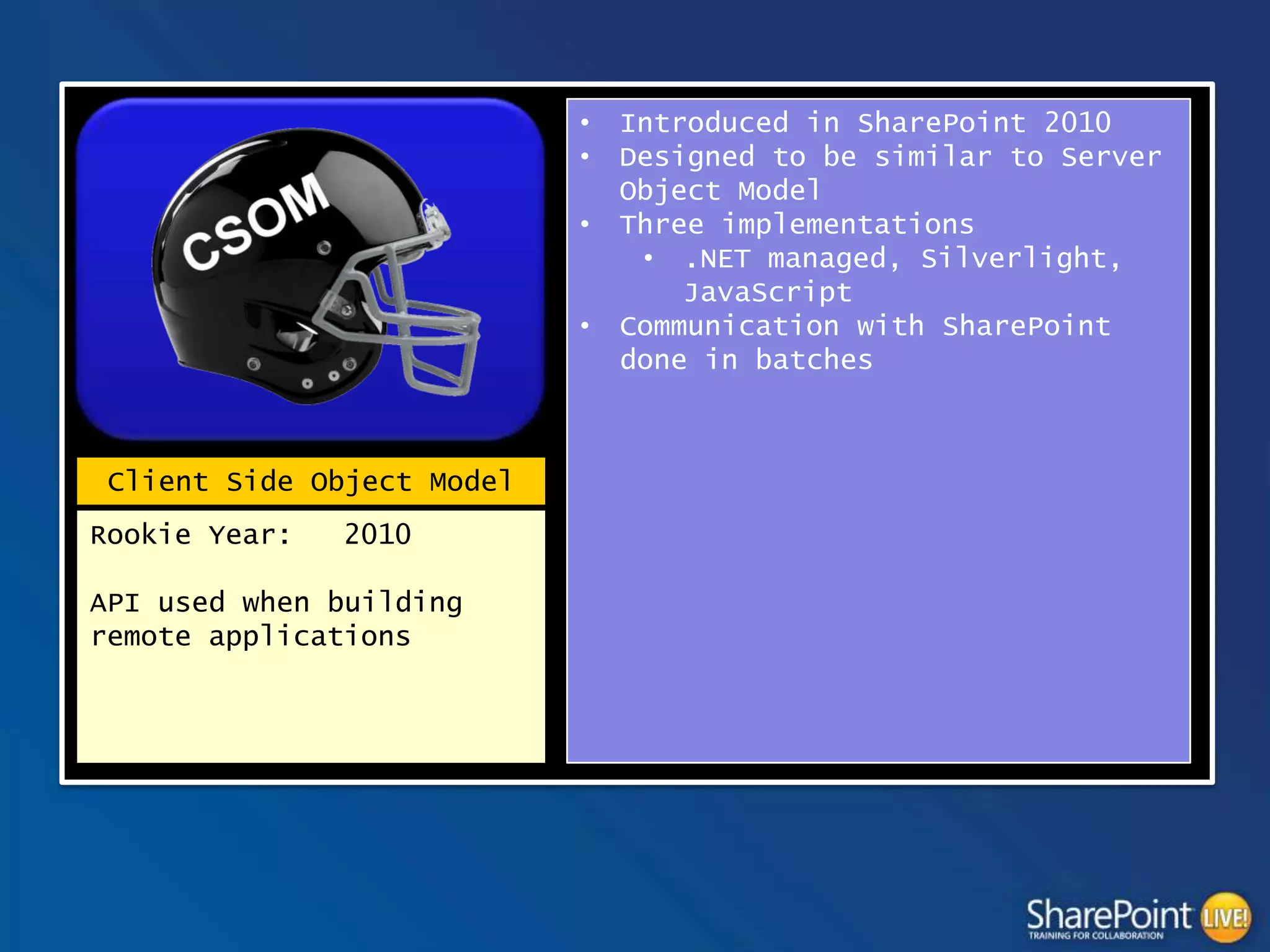 •
•
•
•

Client Side Object Model
Rookie Year:

2010

API used when building
remote applications

Introduced in SharePoint 2010
Designed to be similar to Server
Object Model
Three implementations
• .NET managed, Silverlight,
JavaScript
Communication with SharePoint
done in batches

 