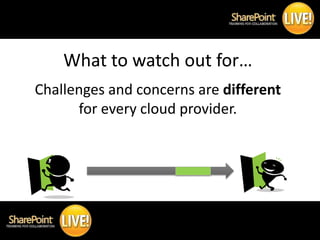 What to watch out for…
      Challenges and concerns are different
            for every cloud provider.




#SPLive360 @R...
