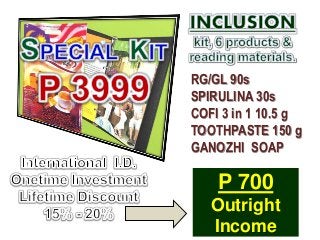 RG/GL 90s
SPIRULINA 30s
COFI 3 in 1 10.5 g
TOOTHPASTE 150 g
GANOZHI SOAP
P 700
Outright
Income
 