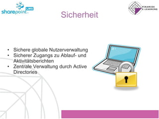 Sicherheit Sichere globale Nutzerverwaltung Sicherer Zugangs zu Ablauf- und Aktivitätsberichten Zentrale Verwaltung durch Active Directories 