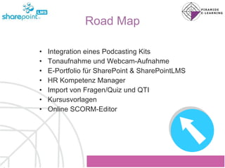 Road Map Integration eines Podcasting Kits Tonaufnahme und Webcam-Aufnahme E-Portfolio für SharePoint & SharePointLMS HR Kompetenz Manager Import von Fragen/Quiz und QTI Kursusvorlagen Online SCORM-Editor 