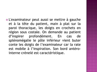  L'examinateur peut aussi se mettre à gauche
et à la tête du patient, main à plat sur la
paroi thoracique, les doigts en crochets en
région sous costale. On demande au patient
d’inspirer profondément. En cas de
splénomégalie le pôle inférieur vient buter
conte les doigts de l’examinateur car la rate
est mobile à l’inspiration. Son bord antéro-
interne crénelé est caractéristique.
 