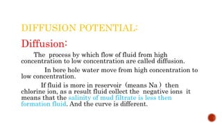 DIFFUSION POTENTIAL:
Diffusion:
The process by which flow of fluid from high
concentration to low concentration are called diffusion.
In bore hole water move from high concentration to
low concentration.
If fluid is more in reservoir (means Na ) then
chlorine ion, as a result fluid collect the negative ions it
means that the salinity of mud filtrate is less then
formation fluid. And the curve is different.
 
