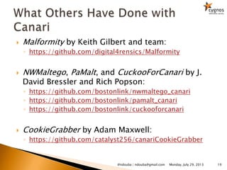  Malformity by Keith Gilbert and team:
◦ https://github.com/digital4rensics/Malformity
 NWMaltego, PaMalt, and CuckooForCanari by J.
David Bressler and Rich Popson:
◦ https://github.com/bostonlink/nwmaltego_canari
◦ https://github.com/bostonlink/pamalt_canari
◦ https://github.com/bostonlink/cuckooforcanari
 CookieGrabber by Adam Maxwell:
◦ https://github.com/catalyst256/canariCookieGrabber
Monday, July 29, 2013@ndouba | ndouba@gmail.com 19
 