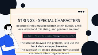 STRINGS - SPECIAL CHARACTERS
Because strings must be written within quotes, C will
misunderstand this string, and generate an error:
The solution to avoid this problem, is to use the
backslash escape character.
The backslash () escape character turns special
characters into string characters.
 
