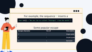 Some popular escape
characters in C are:
For example, the sequence ' inserts a
single quote in a string:
 