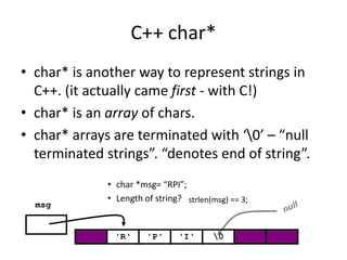 C++ char*
• char* is another way to represent strings in
C++. (it actually came first - with C!)
• char* is an array of chars.
• char* arrays are terminated with ‘0’ – “null
terminated strings”. “denotes end of string”.
• char *msg= “RPI”;
• Length of string?
'R‘
msg
'P‘ 'I‘ 0
strlen(msg) == 3;
 