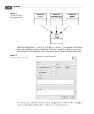 Annexes
10

     Figure C-8
     Stéréotypes déﬁnis
     dans le proﬁl Sring




                  Aﬁn d’être utilisable dans les modèles, le proﬁl doit être « déﬁni ». Cette opération se réalise à sa
                  sauvegarde dans Papyrus par l’intermédiaire de l’écran décrit dans la ﬁgure C-9. À ce niveau, une
                  version du proﬁl doit être spéciﬁée, cette version devant être incrémentée à chaque modiﬁcation.

     Figure C-9
     Ecran de déﬁnition du proﬁl




                  Il est à noter que les modules Acceleo mettent à disposition un proﬁl avec des stéréotypes
                  similaires, celui-ci pouvant être utilisé plutôt que d’en recréer un nouveau.
 