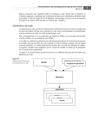 Industrialisation des développements Spring dans Eclipse
                                                                                        ANNEXE C
                                                                                                                    5

             Retenez néanmoins que l’approche MDA est analogue à celle utilisée dans le bâtiment ou
             l’industrie, approche se traduisant par la réalisation de plans ou de spéciﬁcations détaillées avant
             de produire. L’idée de l’approche est d’appliquer cette pratique au processus de construction
             du logiciel, les «plans» devenant dans ce contexte des «modèles».

Génération de code
             La génération de code consiste en l’utilisation des informations présentes dans un modèle aﬁn
             de créer des ﬁchiers de type texte contenant le code source correspondant et éventuellement
             d’autres informations utiles à la cible technologique visée.
             Elle correspond donc à un cas particulier de l’approche MDA avec le passage d’un modèle
             d’analyse (PIM) vers un modèle de code (PSM).
             À cet effet, les solutions de génération de code proposent de décrire les instructions de parcours
             du modèle ainsi que les blocs de code à générer à l’aide de ﬁchiers template. Encore appelé
             script de génération, ces entités proposent des facilités aﬁn d’accéder aux éléments du modèle.
             Les parties variables sont remplacées par les valeurs du modèle en entrée par le générateur
             lors l’exécution de la génération.
             La ﬁgure C-4 suivante illustre la mise en œuvre de ces différents éléments aﬁn de réaliser une
             génération de code.

Figure C-4
Chaîne de fonctionnement                                                          Template de génération
de la génération de code                      Modèle
                                                                                      Template de génération




                                                                    Générateur




                                                                   Application



                                                                  Fichier
                                                                      Fichier
                                                                            Fichier
 