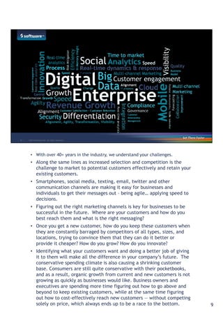 • With over 40+ years in the industry, we understand your challenges. 
• Along the same lines as increased selection and competition is the 
challenge to market to potential customers effectively and retain your 
existing customers. 
• Smartphones, social media, texting, email, twitter and other 
communication channels are making it easy for businesses and 
individuals to get their messages out – being agile… applying speed to 
decisions. 
• Figuring out the right marketing channels is key for businesses to be 
successful in the future. Where are your customers and how do you 
best reach them and what is the right messaging? 
• Once you get a new customer, how do you keep these customers when 
they are constantly barraged by competitors of all types, sizes, and 
locations, trying to convince them that they can do it better or 
provide it cheaper? How do you grow? How do you innovate? 
• Identifying what your customers want and doing a better job of giving 
it to them will make all the difference in your company’s future. The 
conservative spending climate is also causing a shrinking customer 
base. Consumers are still quite conservative with their pocketbooks, 
and as a result, organic growth from current and new customers is not 
growing as quickly as businesses would like. Business owners and 
executives are spending more time figuring out how to go above and 
beyond to keep existing customers, while at the same time figuring 
out how to cost-effectively reach new customers — without competing 
solely on price, which always ends up to be a race to the bottom. 9 
 