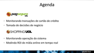 3 
Agenda 
Monitorando transações de cartão de crédito 
Tomada de decisões de negócio 
Monitorando operação do sistema 
Medindo ROI de mídia online em tempo real 
 