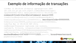 9 
Exemplo de informação de transações 
<14>Mar 12 08:18:44 a5-hertz2 app=psgw-core INFO 
[br.com.uol.ps.gw.core.aspect.CommandExecuteLogger] 
(qtp564660841-420:) datetime=2013-03-12 08:18:44,528 
command=CreditCardSaleCommand msecs=555 
{creditCardResponse=null,creditCardRequestModel={ 
creditCardTransaction={id=9999993513, merchantCode=99999999, 
fiDetails={nsu=999998,authorizationCode=59999999841, 
time=Tue Mar 12 08:18:44 BRT 2013, 
rawMessage=Transacao capturada com sucesso, 
rawCode=0, fi=locie, integratorCode=1016999999999999991}, 
numTransientToken=93853bdxxxxxxxxxxxxxxxxx0759e, 
isWallet=false, softDescriptor=CortaCortaco, 
maskedNumber=547408******1525,cvv=***, brand=mastercard, 
paymentStatus=PAGO 
 