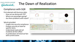 21
The Dawn of Realization
Compliance with SQR
First attempt with business data:
• How are we doing with TIP?
• Where are passengers going?
• Are there problems with travel?
Splunk provided:
• Insight into security compliance
• Prepare security to look for
specific items
• Understand road and rail
incidents & their effect
• A combination of historical fact
with current event
2
 