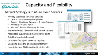 24
Capacity and Flexibility
Gatwick Strategy is to utilize Cloud Services
• Already subscribe to Cloud Services
– OKTA – SSO & Mobility Management
– Casper – Situational Awareness & Noise Tracking
– Amadeus – A-CDM Portal
– Microsoft Azure – Messaging Services
• We would need ~60 dedicated Splunk servers
• Associated support and maintenance costs
• Build for heaviest demand
• Unable to flex up or down as required
• Unable to beat the price point internally
• Unable to beat 100% availability internally
2
 
