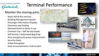 30
Terminal Performance
Monitor the moving parts
• Road, Rail & Bus services
• Building Management System
• Passenger Information Displays
• Electronic way-finding
• Manned Check-In desks in use
• Common Use – Self Service kiosks
• Self Service / Automated Bag Drop
• Area occupancy & queue measurement
• Security Gates
• X-Ray throughput
• Gate announcements / Call to Gate
3
 