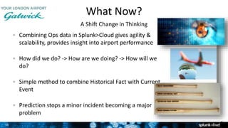 35
What Now?
A Shift Change in Thinking
Combining Ops data in Splunk>Cloud gives agility &
scalability, provides insight into airport performance
How did we do? -> How are we doing? -> How will we
do?
Simple method to combine Historical Fact with Current
Event
Prediction stops a minor incident becoming a major
problem
3
 