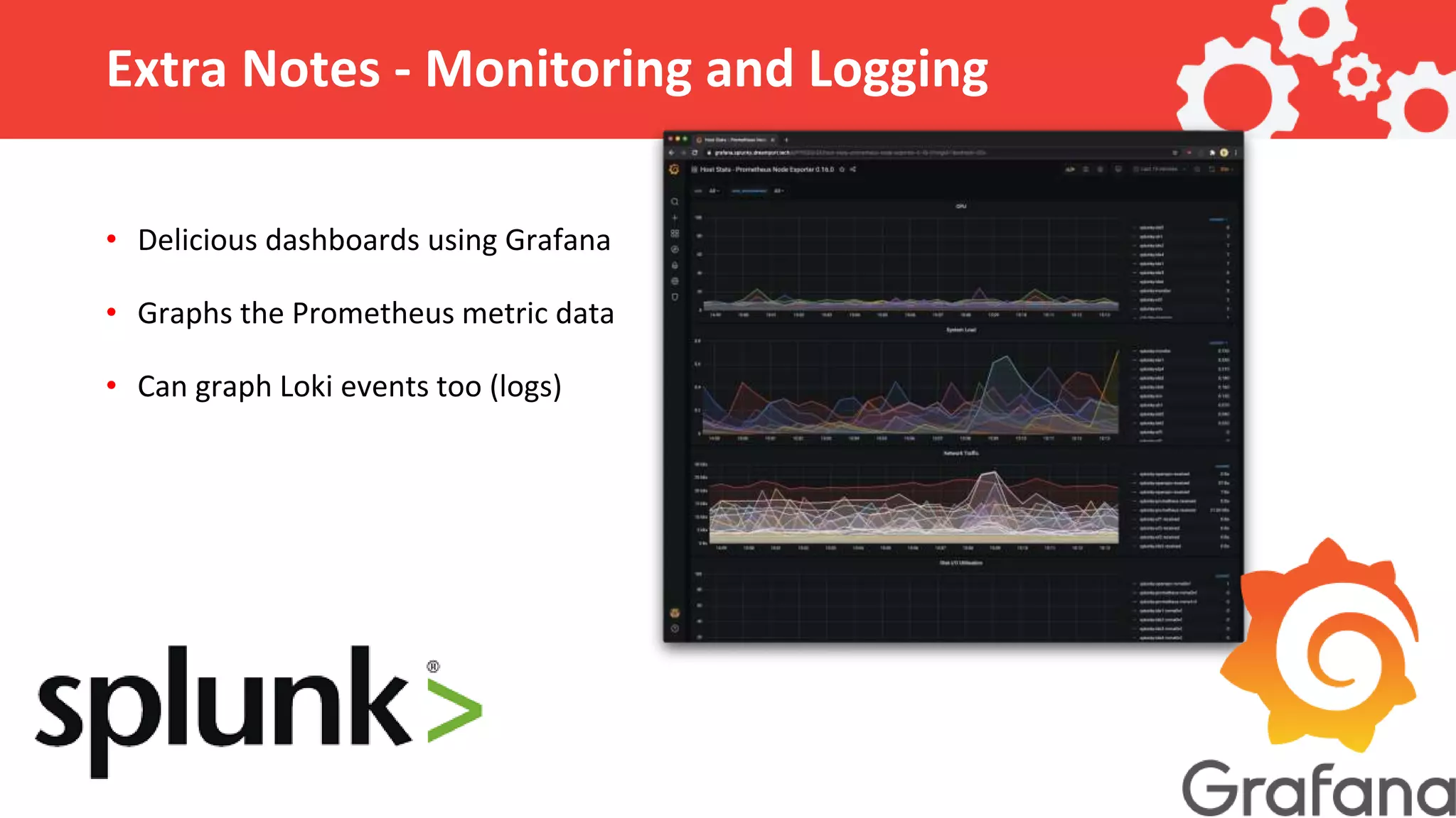 Extra Notes - Monitoring and Logging • Delicious dashboards using Grafana • Graphs the Prometheus metric data • Can graph Loki events too (logs) 