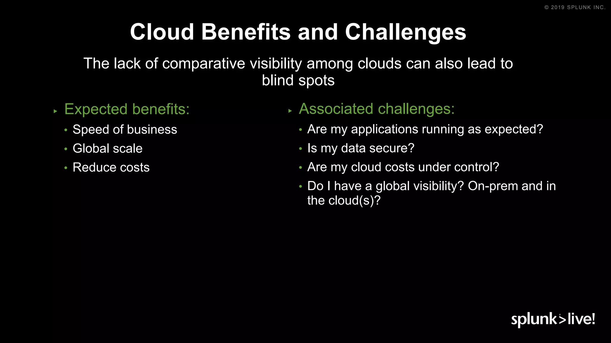 © 2019 SPLUNK INC.
▶ Expected benefits:
• Speed of business
• Global scale
• Reduce costs
▶ Associated challenges:
• Are my applications running as expected?
• Is my data secure?
• Are my cloud costs under control?
• Do I have a global visibility? On-prem and in
the cloud(s)?
Cloud Benefits and Challenges
The lack of comparative visibility among clouds can also lead to
blind spots
 