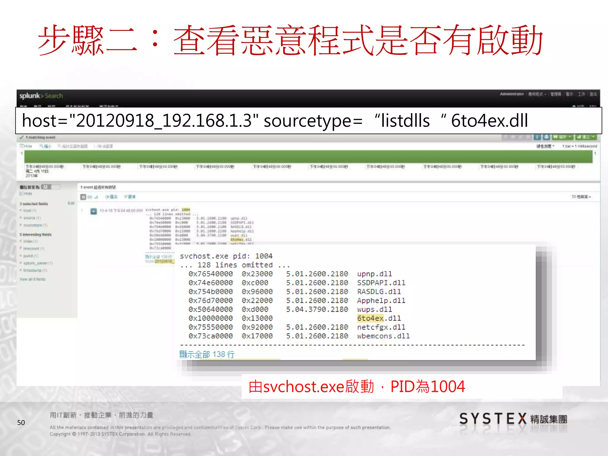 50
步驟二：查看惡意程式是否有啟動
由svchost.exe啟動，PID為1004
host="20120918_192.168.1.3" sourcetype=“listdlls“ 6to4ex.dll
 