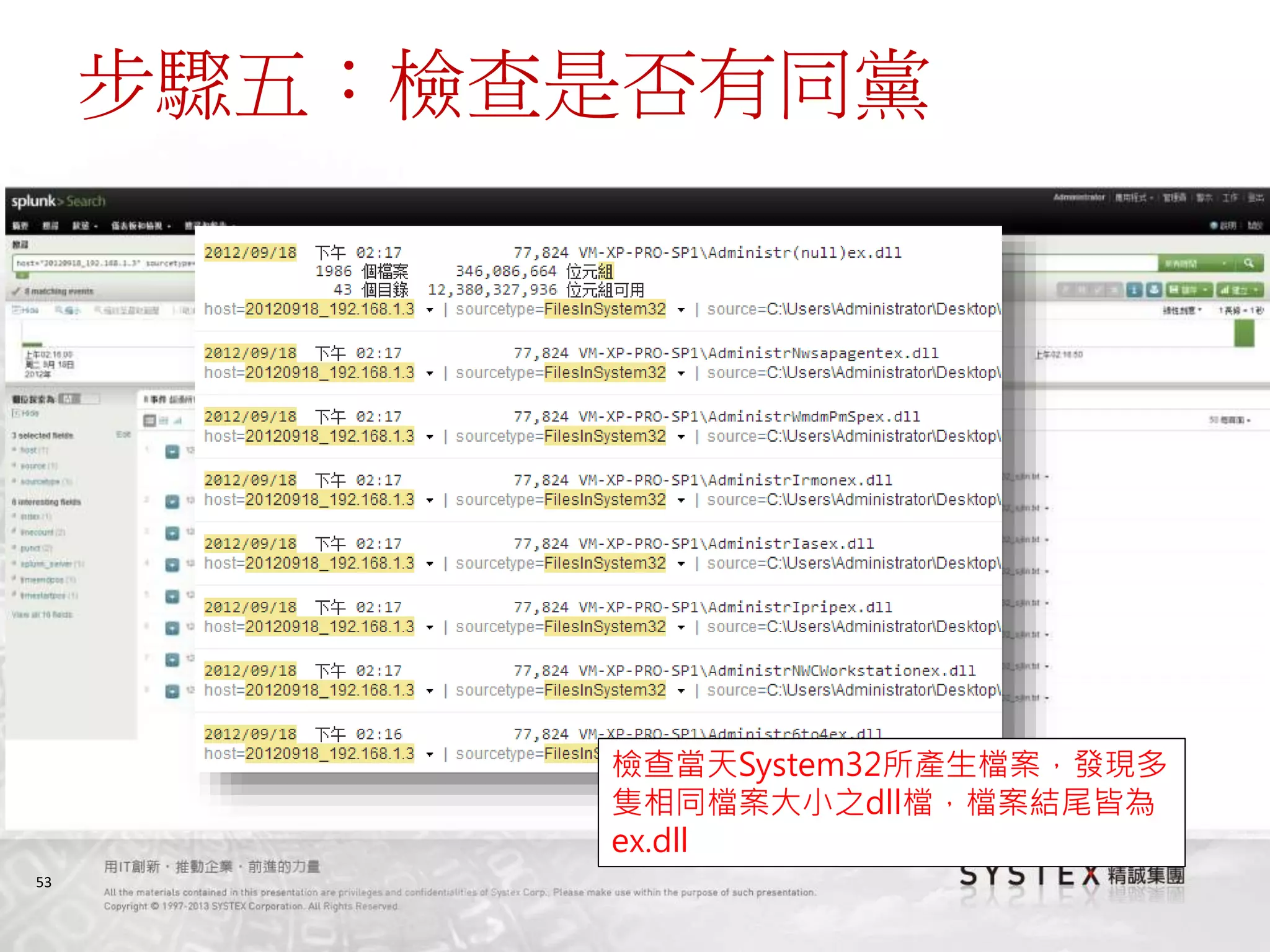 53
步驟五：檢查是否有同黨
檢查當天System32所產生檔案，發現多
隻相同檔案大小之dll檔，檔案結尾皆為
ex.dll
 