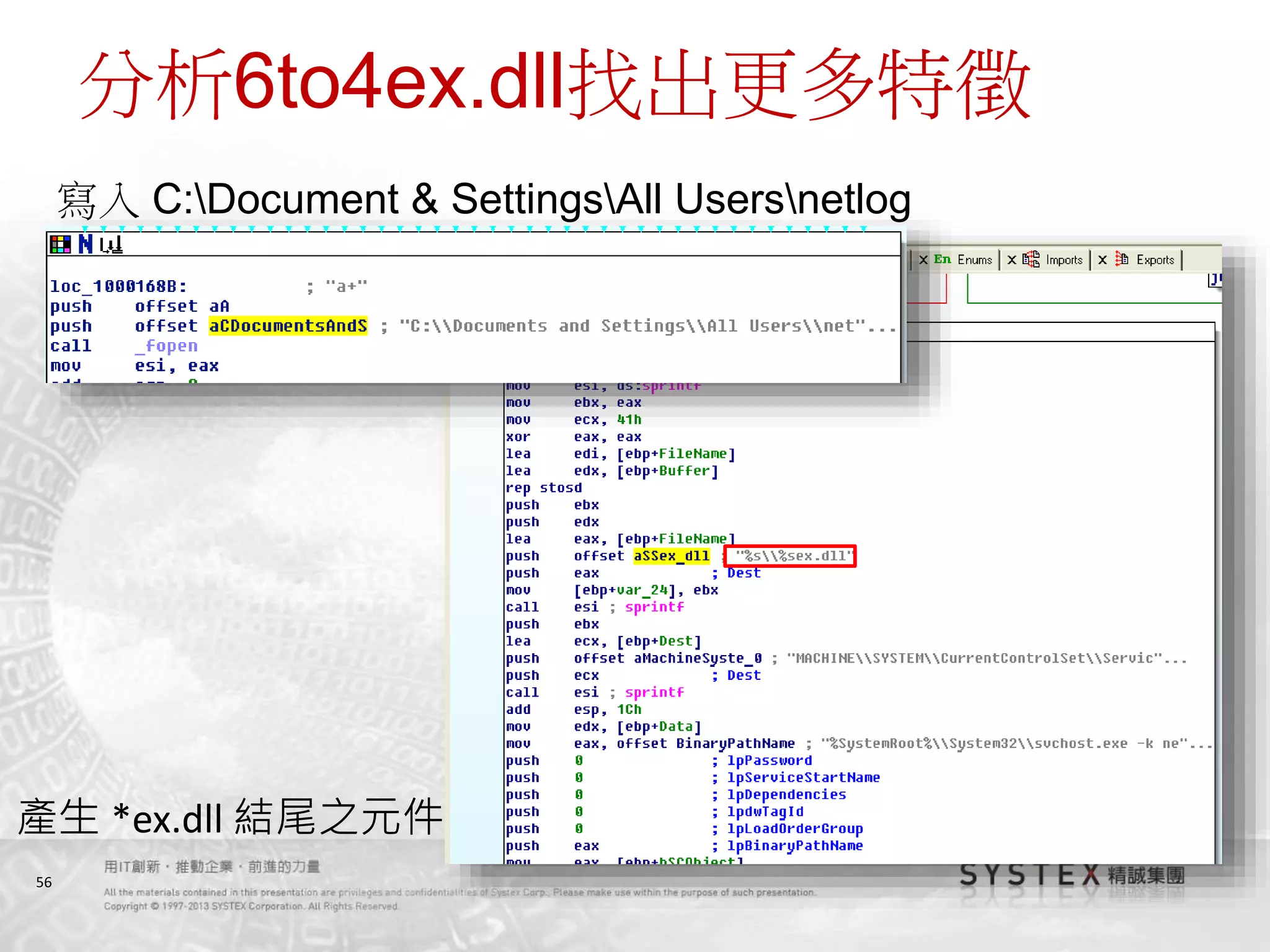 56
分析6to4ex.dll找出更多特徵
產生 *ex.dll 結尾之元件
寫入 C:Document & SettingsAll Usersnetlog
 