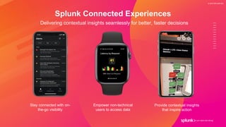 © 2019 SPLUNK INC.
Splunk Connected Experiences
Delivering contextual insights seamlessly for better, faster decisions
Stay connected with on-
the-go visibility
Empower non-technical
users to access data
Provide contextual insights
that inspire action
 