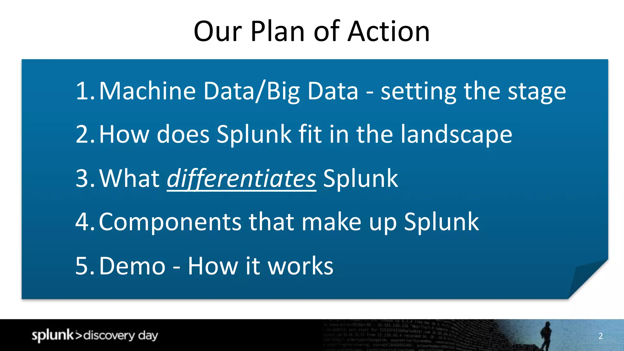 2
Our	Plan	of	Action
1.Machine	Data/Big	Data	- setting	the	stage
2.How	does	Splunk	fit	in	the	landscape
3.What	differentiates Splunk
4.Components	that	make	up	Splunk
5.Demo	- How	it	works
 
