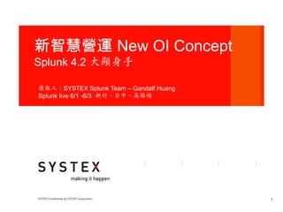 新智慧營運 New OI Concept
Splunk 4.2 大顯身手

簡報人：SYSTEX Splunk Team – Gandalf Huang
Splunk live 6/1 -6/3 新竹、台中、高雄場




                                         1
 
