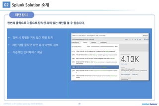 22COPYRIGHT ⓒ 2015 Intellian Systems ALL RIGHTS RESERVED.
한번의 클릭으로 자동으로 탐지된 의미 있는 패턴을 볼 수 있습니다.
Splunk Solution 소개02
패턴 탐지
• 검색 시 특별한 지식 없이 패턴 탐지
• 패턴 탭을 클릭만 하면 유사 이벤트 검색
• 직관적인 인터페이스 제공
 