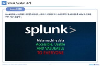 9COPYRIGHT ⓒ 2015 Intellian Systems ALL RIGHTS RESERVED.
Splunk의 목표는 머신 데이터를 접근하기 쉽고, 사용하기 쉽게 하여 머신 데이터로부터 충분한 가치를 찾아낼 수 있도록
도와드리는데 있습니다.
Splunk의 목표
Splunk Solution 소개02
Make machine data
Accessible, Usable
AND VALUEABLE
TO EVERYONE
 