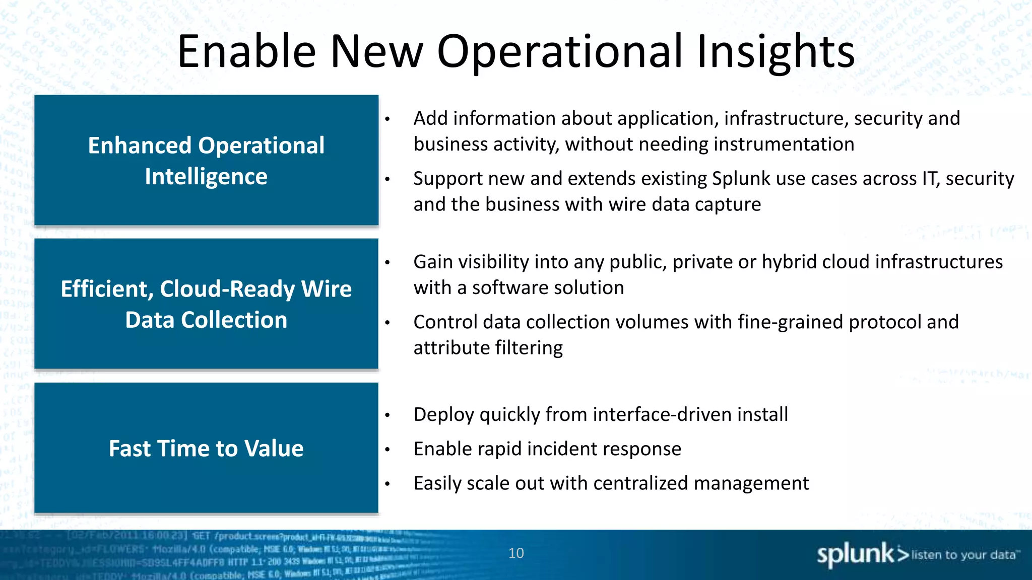 10
Enable New Operational Insights
• Add information about application, infrastructure, security and
business activity, without needing instrumentation
• Support new and extends existing Splunk use cases across IT, security
and the business with wire data capture
Enhanced Operational
Intelligence
Efficient, Cloud-Ready Wire
Data Collection
Fast Time to Value
• Gain visibility into any public, private or hybrid cloud infrastructures
with a software solution
• Control data collection volumes with fine-grained protocol and
attribute filtering
• Deploy quickly from interface-driven install
• Enable rapid incident response
• Easily scale out with centralized management
 