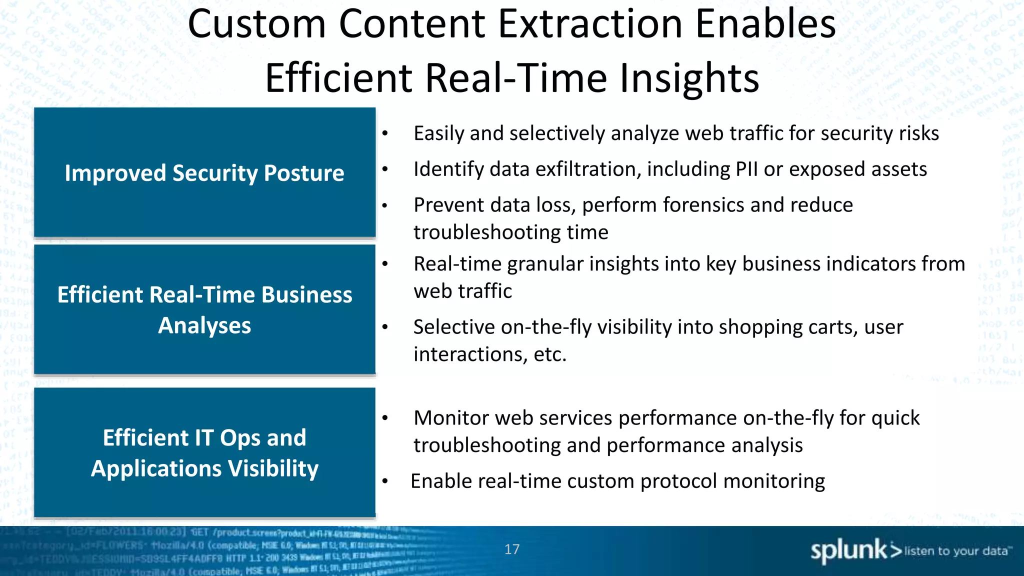 17
Custom Content Extraction Enables
Efficient Real-Time Insights
• Easily and selectively analyze web traffic for security risks
• Identify data exfiltration, including PII or exposed assets
• Prevent data loss, perform forensics and reduce
troubleshooting time
Improved Security Posture
Efficient Real-Time Business
Analyses
Efficient IT Ops and
Applications Visibility
• Real-time granular insights into key business indicators from
web traffic
• Selective on-the-fly visibility into shopping carts, user
interactions, etc.
• Monitor web services performance on-the-fly for quick
troubleshooting and performance analysis
• Enable real-time custom protocol monitoring
 