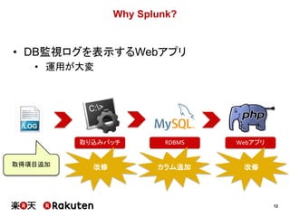 12
Why Splunk?
取り込みバッチ RDBMS Webアプリ
取得項目追加 改修 改修カラム追加
• DB監視ログを表示するWebアプリ
• 運用が大変
 