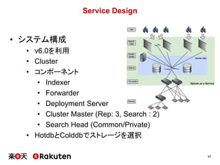17
Service Design
• システム構成
• v6.0を利用
• Cluster
• コンポーネント
• Indexer
• Forwarder
• Deployment Server
• Cluster Master (Rep: 3, Search : 2)
• Search Head (Common/Private)
• HotdbとColddbでストレージを選択
 