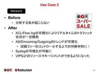 41
Use Case 2
• Before
• 分析する気が起こらない
• After
• ACL/Flow logの可視化によりリアルタイムのトラフィック
状況が一目瞭然
• ASのIncoming/Outgoingのトレンドが可視化
• 回線フィーのコントロールする上での判断材料に！
• Syslogの可視化が可能に
• VIPなどのリソースマネージメントができるようになった
Network
 