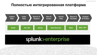 © 2017 SPLUNK INC.© 2017 SPLUNK INC.
Полностью интегрированная платформа
HA / DR Admin Data Security Apps SDK / APIScale
Collect
Data
Index
Data
Enrich
Data
Search &
Explore
Analyze
& Predict
Report &
Visualize
Alert &
Action
 