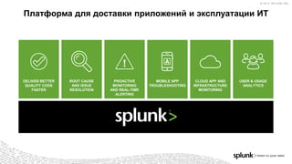 © 2017 SPLUNK INC.© 2017 SPLUNK INC.
Платформа для доставки приложений и эксплуатации ИТ
ROOT CAUSE
AND ISSUE
RESOLUTION
PROACTIVE
MONITORING
AND REAL-TIME
ALERTING
DELIVER BETTER
QUALITY CODE
FASTER
CLOUD APP AND
INFRASTRUCTURE
MONITORING
MOBILE APP
TROUBLESHOOTING
USER & USAGE
ANALYTICS
 