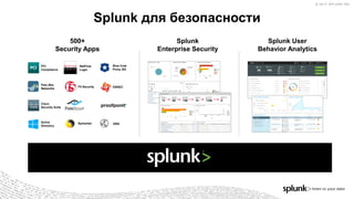 © 2017 SPLUNK INC.© 2017 SPLUNK INC.
Splunk для безопасности
Splunk
Enterprise Security
500+
Security Apps
Splunk User
Behavior Analytics
Palo Alto
Networks
Symantec DNS
OSSEC
NetFlow
Logic
Cisco
Security Suite
F5 Security
PCI
Compliance
Active
Directory
Blue Coat
Proxy SG
 