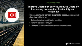 © 2017 SPLUNK INC.© 2017 SPLUNK INC.
▶ Ingest, correlate sensor, diagnostic codes, geolocation
data in real-time to
• Gain insights into asset health, condition
• Perform root cause analysis
• Generate locomotive maintenance recommendations
TRANSPORTATION
Improve Customer Service, Reduce Costs by
Increasing Locomotive Availability and
Reliability
 