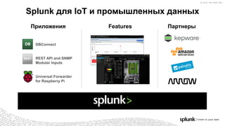 © 2017 SPLUNK INC.© 2017 SPLUNK INC.
Splunk для IoT и промышленных данных
DBConnect
REST API and SNMP
Modular Inputs
Universal Forwarder
for Raspberry Pi
REST
Приложения Features Партнеры
 