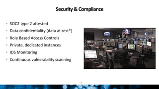 Security	
  &	
  Compliance	
  
"   SOC2	
  type	
  2	
  adested	
  
"   Data	
  conﬁdenNality	
  (data	
  at	
  rest*)	
  
"   Role	
  Based	
  Access	
  Controls	
  
"   Private,	
  dedicated	
  instances	
  
"   IDS	
  Monitoring	
  
"   ConNnuous	
  vulnerability	
  scanning	
  
26
 