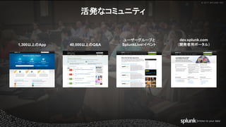 © 2017 SPLUNK INC.
活発なコミュニティ
dev.splunk.com
（開発者用ポータル）40,000以上のQ&A1,300以上のApp
ユーザーグループと
SplunkLive!イベント
© 2017 SPLUNK INC.
 