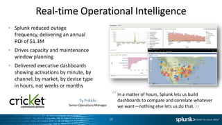 Real-time Operational Intelligence
Splunk reduced outage
frequency, delivering an annual
ROI of $1.3M
Drives capacity and maintenance
window planning
Delivered executive dashboards
showing activations by minute, by
channel, by market, by device type
in hours, not weeks or months

                             Ty Prikkhi
                                                    “ In a matter of hours, Splunk lets us build“
                                                      dashboards to compare and correlate whatever
                       Senior Operations Manager        we want—nothing else lets us do that.

                                                   28
 