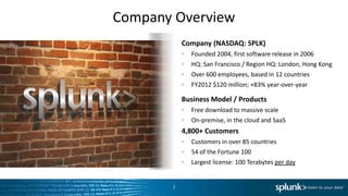 Company Overview
           Company (NASDAQ: SPLK)
             Founded 2004, first software release in 2006
             HQ: San Francisco / Region HQ: London, Hong Kong
             Over 600 employees, based in 12 countries
             FY2012 $120 million; +83% year-over-year

           Business Model / Products
             Free download to massive scale
             On-premise, in the cloud and SaaS
           4,800+ Customers
             Customers in over 85 countries
             54 of the Fortune 100
             Largest license: 100 Terabytes per day


       3
 