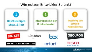 Wie nutzen Entwickler Splunk?

     1                   2                  3
Beschleunigen    Integration mit der   Erstellung von
 Entw. & Test      IT Infrastruktur       Echtzeit-
                                       Applikationen




                          24
 