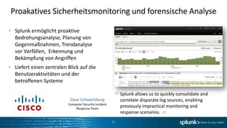 Proakatives Sicherheitsmonitoring und forensische Analyse

 Splunk ermöglicht proaktive
 Bedrohungsanalyse, Planung von
 Gegenmaßnahmen, Trendanalyse
 vor Vorfällen, Erkennung und
 Bekämpfung von Angriffen
 Liefert einen zentralen Blick auf die
 Benutzeraktivitäten und der
 betroffenen Systeme


                          Dave Schwartzburg
                         Computer Security Incident
                                                       “ Splunk allows us to log sources, enabling
                                                         correlate disparate
                                                                             quickly consolidate and

                             Response Team
                                                                               “
                                                           previously impractical monitoring and
                                                           response scenarios.
                                                      31
 